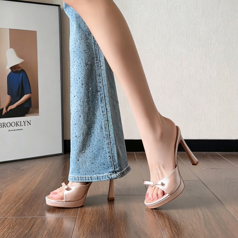 In Stock for Immediate Delivery~ French-Style Champagne-Colored Open-Toe High-Heeled Slippers, Summer Stiletto Platform High Heels, Slip-On Shoes