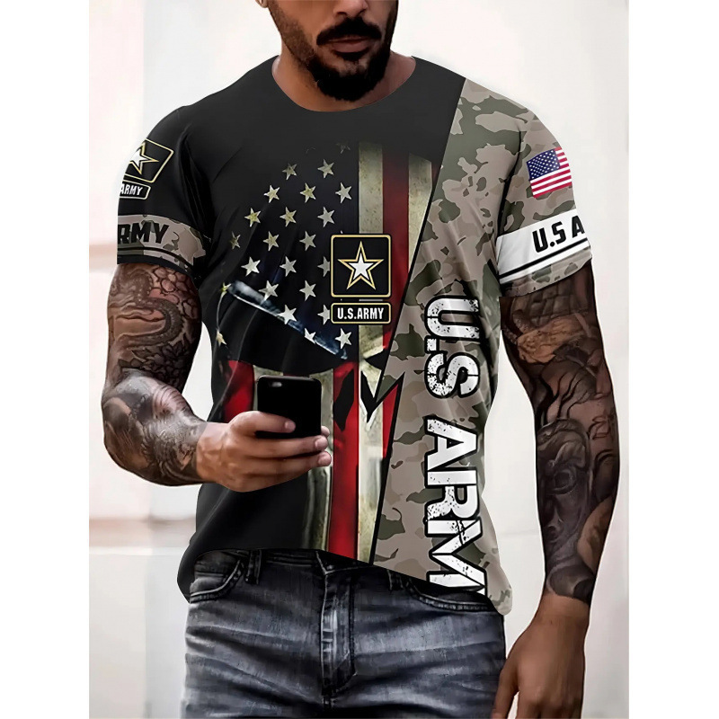 2025 Cross-Border Us Army 3D Digital Printing Men's T-Shirt Summer Casual Quick-Drying Needle Eye Short-Sleeved Sports Top