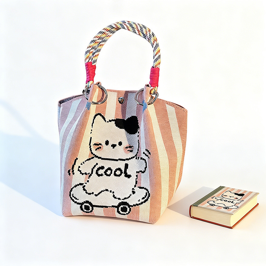 Floral Cartoon Knit Ring Handle Bucket Tote Bag 28