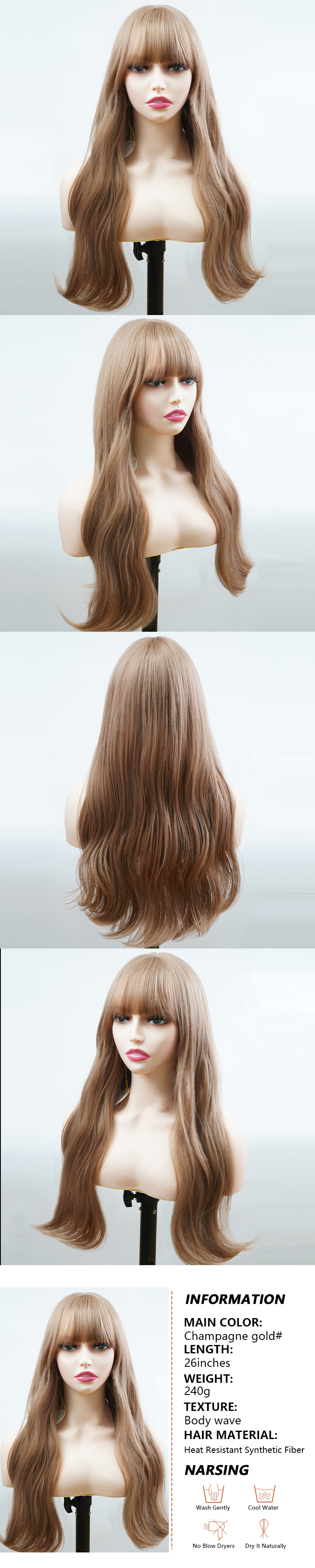 Synthetische Perücke, chemische Faser, gespalten, gerader Pony, natürliche, gebogene, lange, gelockte Perücken_voghion.com