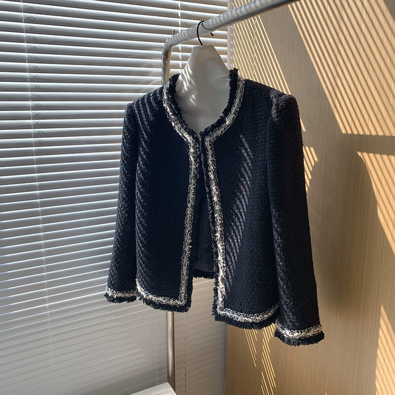 0952 Черное пальто в стиле Chanel, женское на весну и осень, новый французский светский твидовый короткий топ