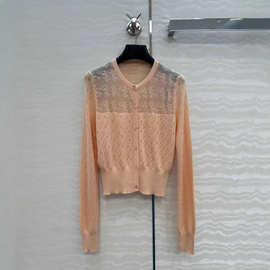 深圳南油25春夏优雅温柔风镂空圆领单排扣收腰短款针织开衫上衣女