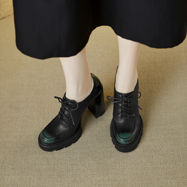2025 Spring and Autumn New Comfortable Chunky Heeled Deep Women's Shoes Waterproof Platform Small Leather Shoes Lace-up High Heeled Single-layer Shoes for Women