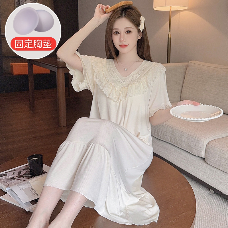 2025短袖睡裙女夏季薄款带胸垫短袖中长群家居服防凸点可外穿套装