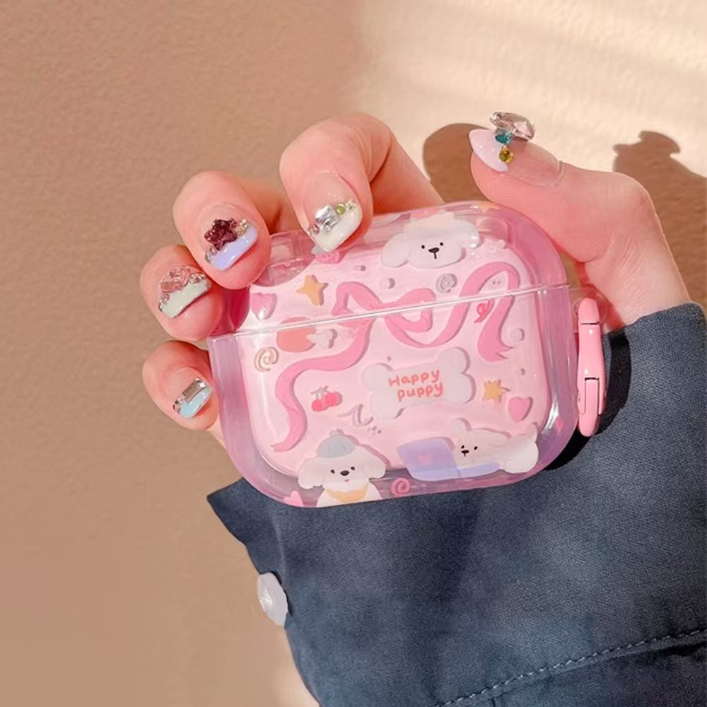 Nueva moda creativa Cinta rosa Puppy i12 Funda protectora para auriculares TPU Estuche blando anticaídas Estuche de transporte personalizado