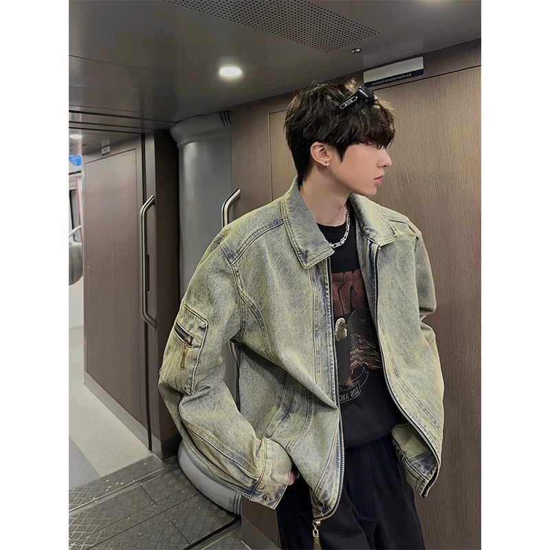 Spring and autumn distressed washed jacket men's 2024 new ruffian handsome Denim coat American fashion brand all-match lapel top Spring and autumn distressed washed jacket men's 2024 new ruffian handsome Denim coat American fashion brand all-match lapel top