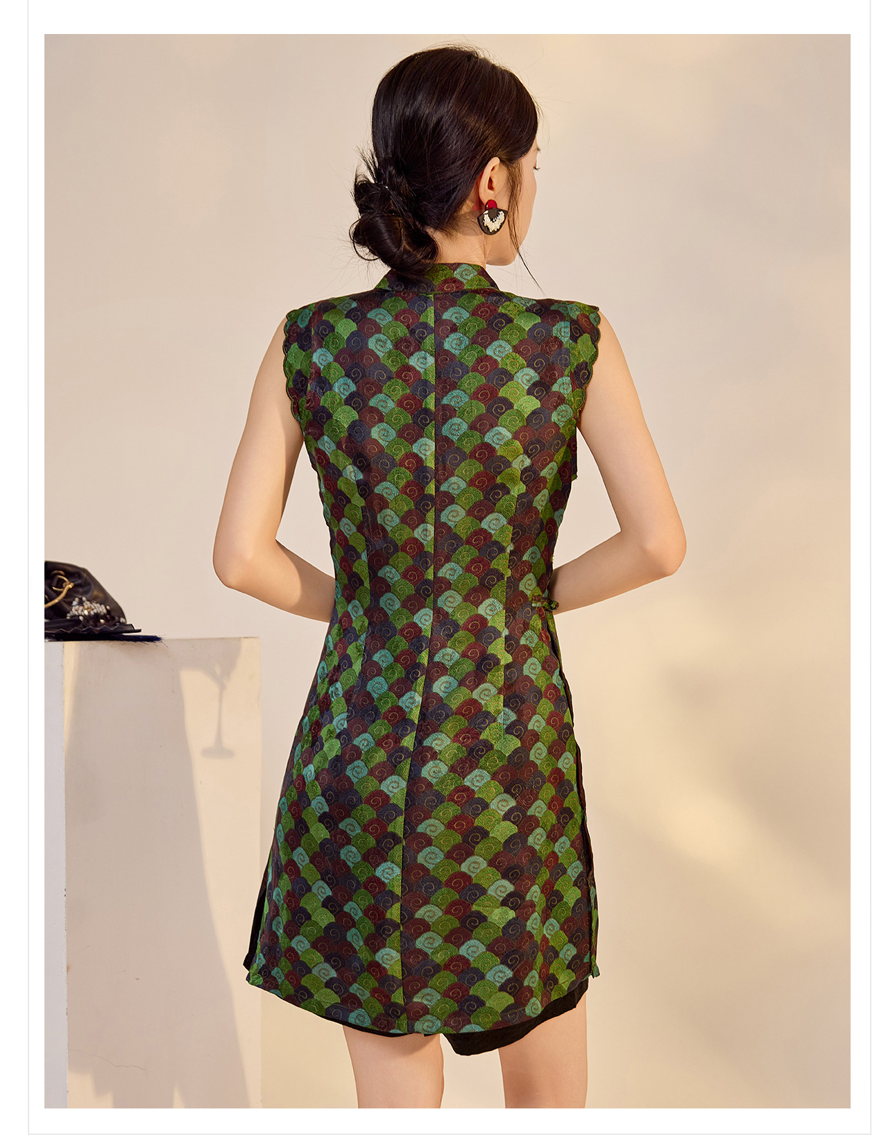 Váy sườn xám cách tân cổ đứng cài cúc kẻ sọc dáng chữ A chất rayon — Màu xanh khoáng chi tiết 19