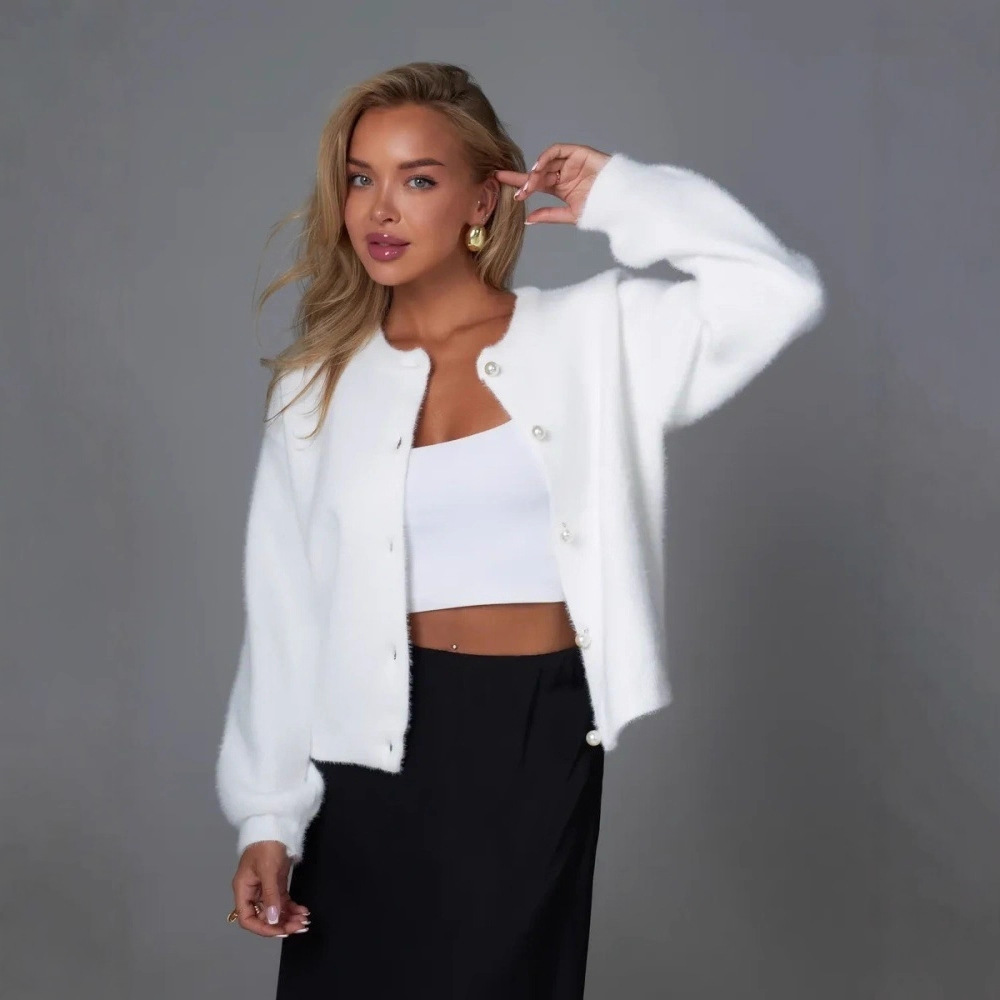 Faux Mink Knit Cardigan – Soft Oversized Button-Up Sweater Coat (One Size, Round Neck, Long Sleeve, Thick & Cozy, White, Perfect For Layering)_voghion.com