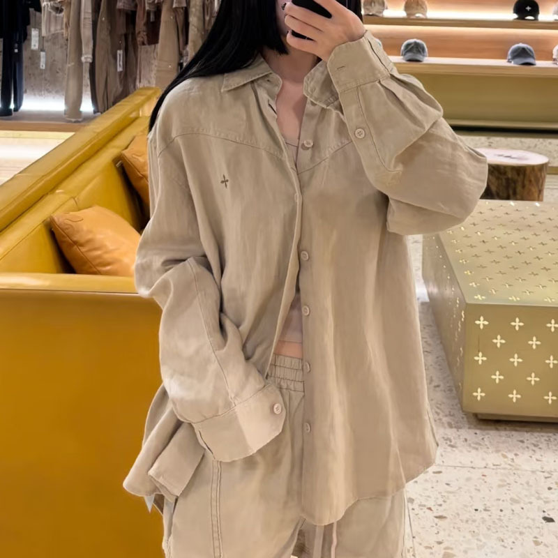 Smfk Cross-Pattern Shirt, Linen Breathable Celebrity-Style Casual Loose Solid Color Jacket Top Women's Shirt