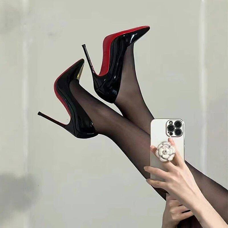 2026 New Model Red-Soled Black Stiletto High Heels, Pure Desire Pointed-Toe Versatile Fashion Nude-Colored Single Shoes