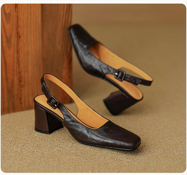 Sandal cao gót nữ mũi nhọn quai khóa, gót thô 9 cm phong cách Hàn Quốc — màu nâu chi tiết 29