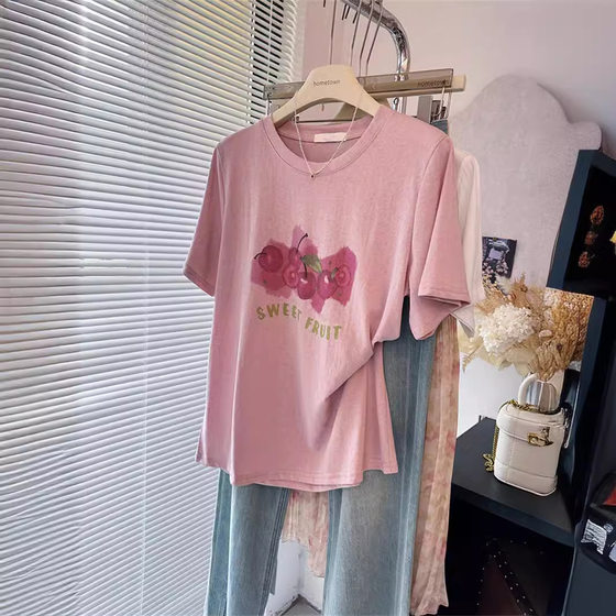 Cross-border simple cotton shoulder white cherry printed snowflake cotton short sleeve T-shirt women's thin cool T-shirt a generation of hair