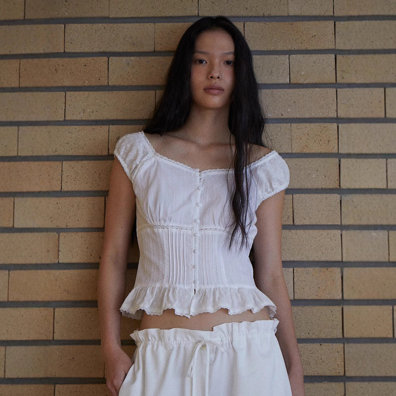 In-Stock Ged Lace Puff Short-Sleeve Shirt for Women, Summer Solid Color Simple Sweet and Spicy Style Waist-Cinching Cardigan Top