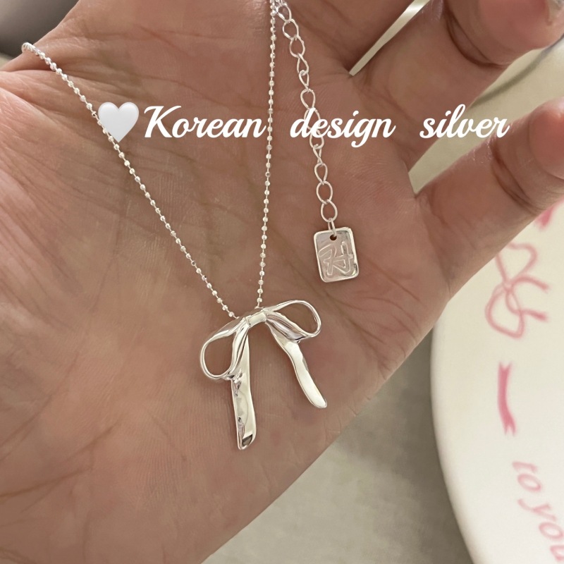 韓國小眾ins博主同款飾品 S925純銀蝴蝶結珠子項鍊高級簡約鎖骨鏈