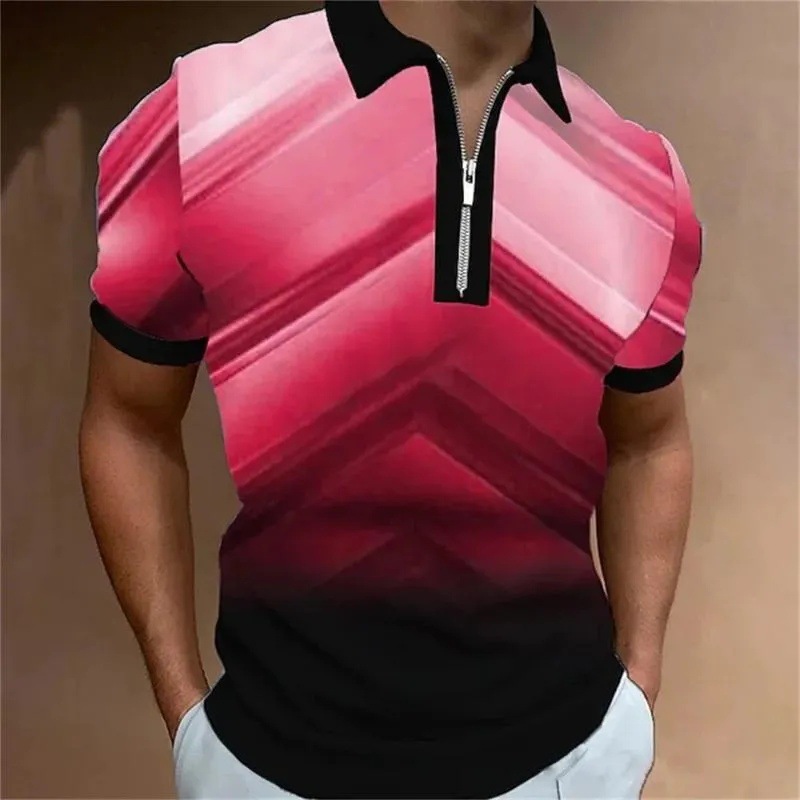 2024 venta caliente personalidad moda impresión 3D hombres verano calle suelta solapa manga corta cremallera camisa POLO