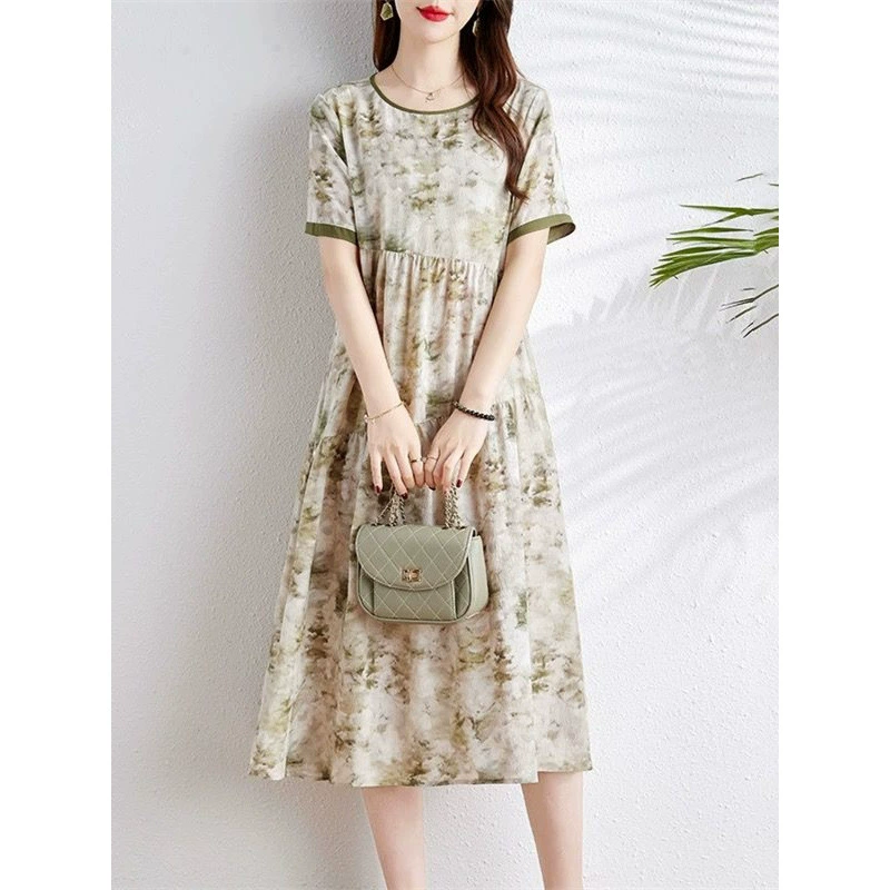 Новое шелковое платье 2025 года, летнее, из шелка Ханчжоу, средней длины, выше колена, с короткими рукавами, облегающее, из тутового шелка, с принтом, для женщин