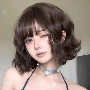 Xingcheng Wig Women's New Sweet Wool Curly Short Curly Hair Round Face Popular Hairstyle Cold Brown Short Hair Full Head Cover