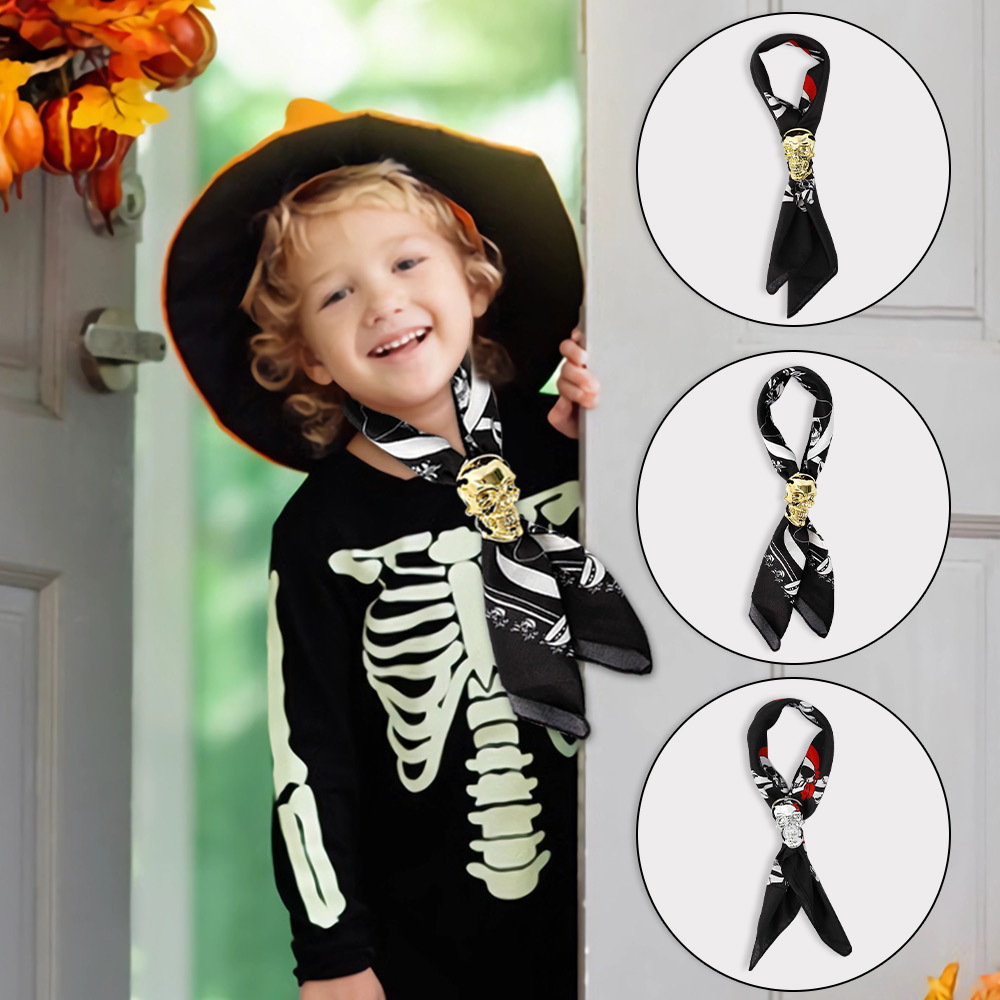 Pañuelo de Halloween de Amazon para niños y adultos, decoración para fiestas temáticas de fantasmas, corbata de poliéster, pajarita con calavera dorada.