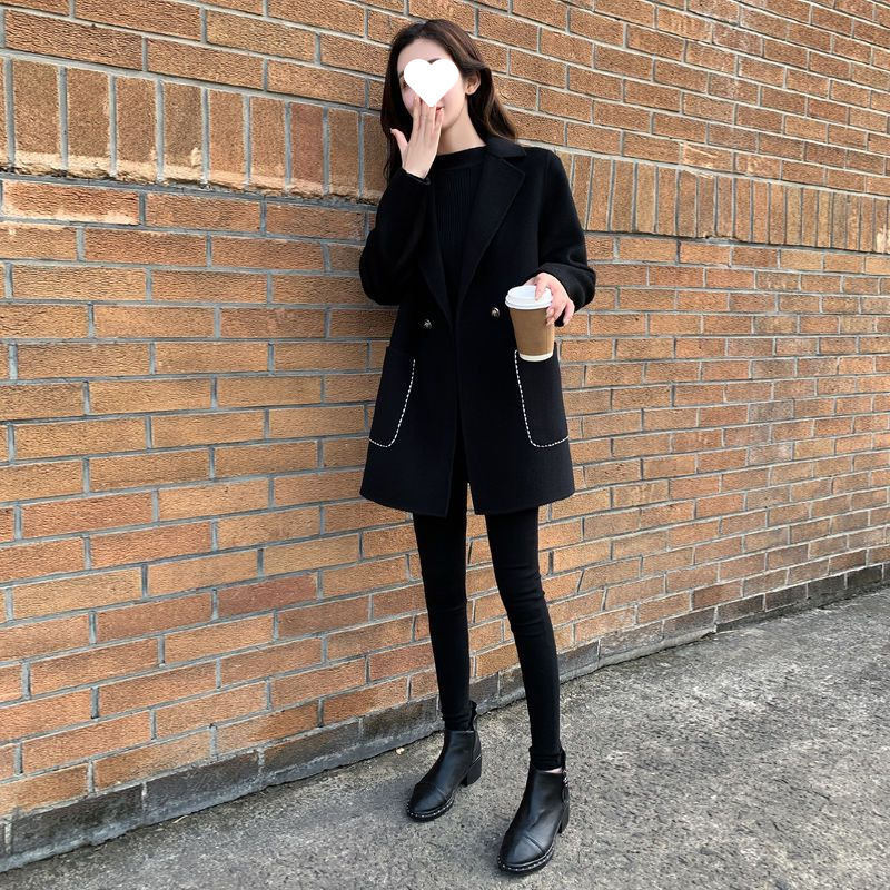 Woolen Outwear for Small Women 2025 Spring & Fall New Trendyy Slim Women's Mid-Length Black Woolen Outwear