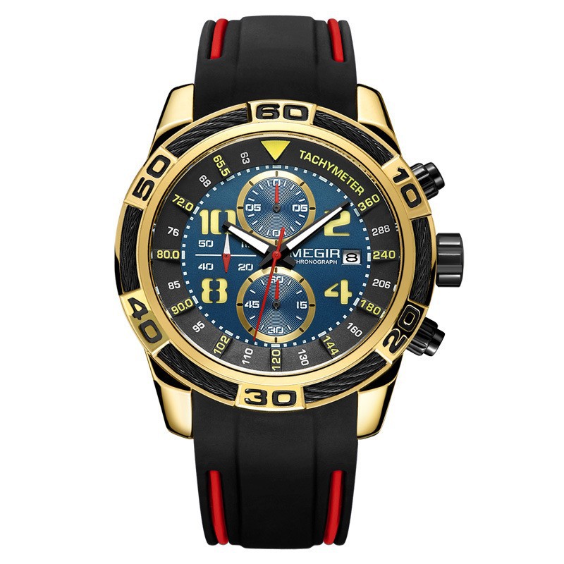 Orologio cronografo sportivo da uomo - Cinturino in silicone da 38 mm, quadrante luminoso, data, resistente all'acqua fino a 30 m (quadrante nero/blu/oro)_voghion.com