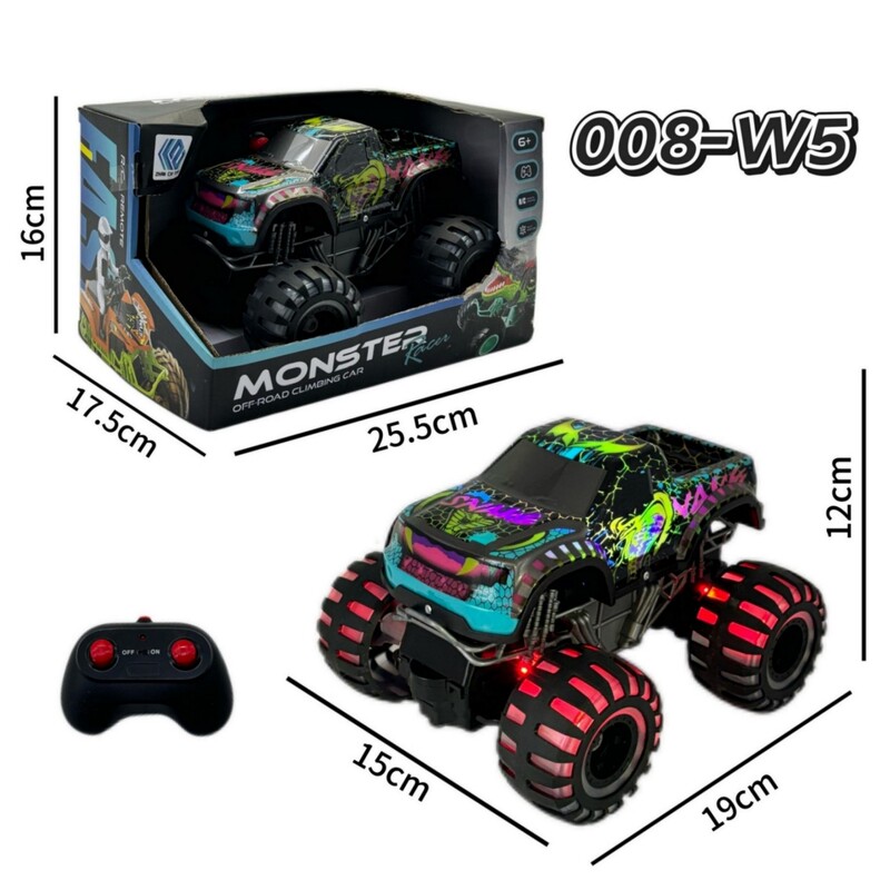 Customized Cross-Border 2.4g Four-Way Remote Control Car with Colorful Body and Wheels with Lights, Children's Graffiti Monster Truck Toy Car