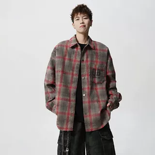 新款复古扎染格子高级感质感衬衫格子男长袖休闲宽松小众衬衣男装