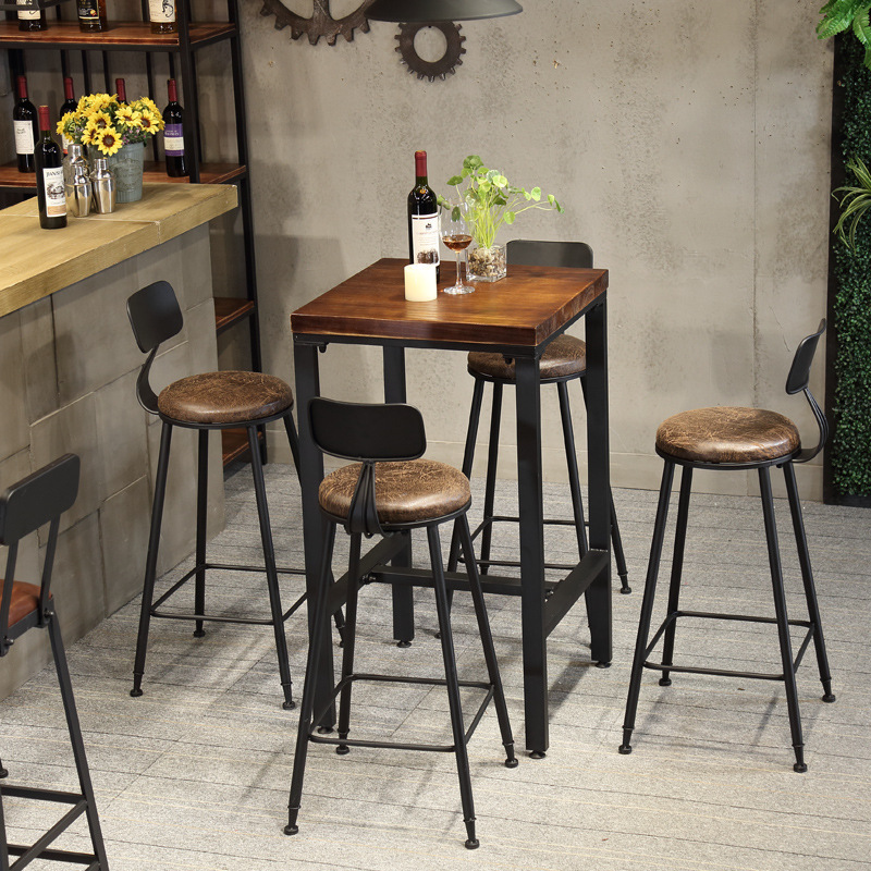 American Retro Bar Table and Chair Combination High-Leg Solid Wood Small Square Table Bar Table Home Cafe Milk Tea Shop Dining Table