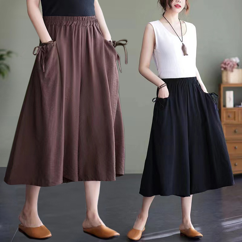 Foreign Trade Ice Silk Cotton Linen Wide-leg Pants Women's 2024 Summer New Loose plus size Solid Color Casual Skirt Pants Women's Capri Pants