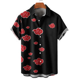 欧美休闲男士拼色衬衫红色滕云图案夏季热卖夏威夷风日常男式上衣