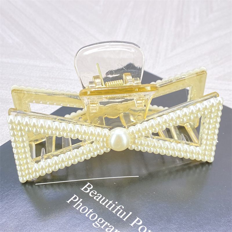 Gran estilo coreano transparente horquilla costura doble fila perla clip temperamento de moda espalda Cabeza clip de pelo clip de tiburón accesorios para el cabello