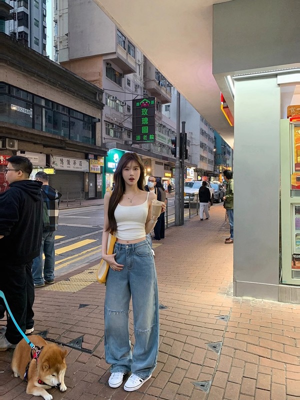 3153 # 張貝ibell長絨綿復古高街感磨かれた高腰広脚ストレートジーンズ女性カジュアル|undefined