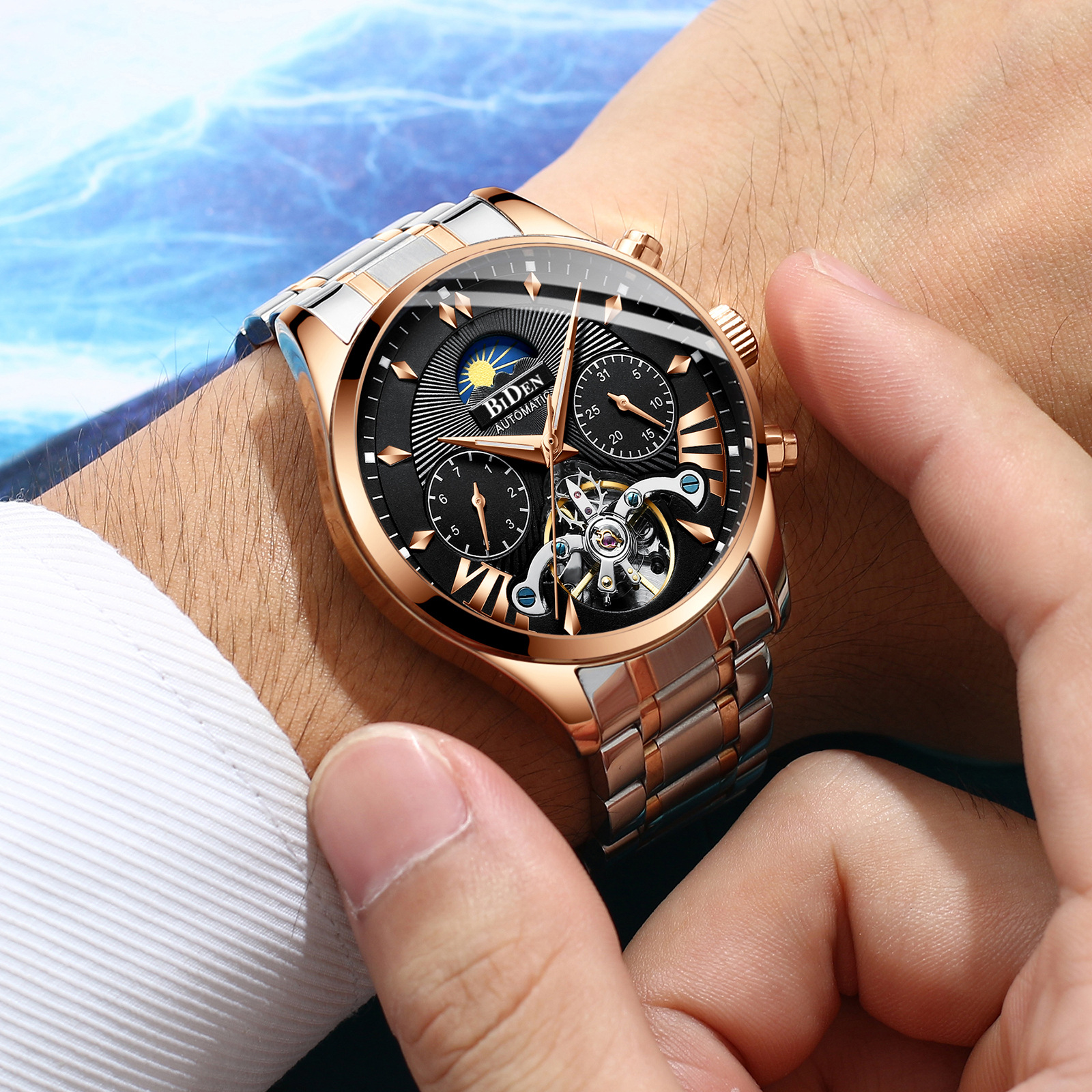 BIDEN Men's Multifunctional Sun Moon Star Mechanical Fashion Business Luminous Waterproof Watch Factory Direct Sale_voghion.com