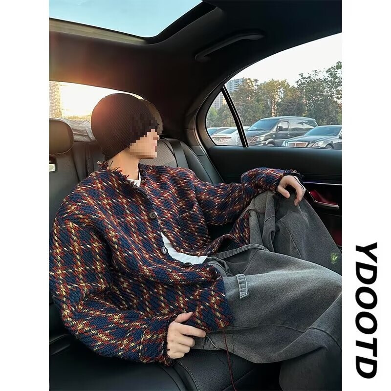 Tweed Style Braided Raw Edge Woolen Cardigan Jacket Men's Trendy Brand Design American Retro Short Collarless Jacket