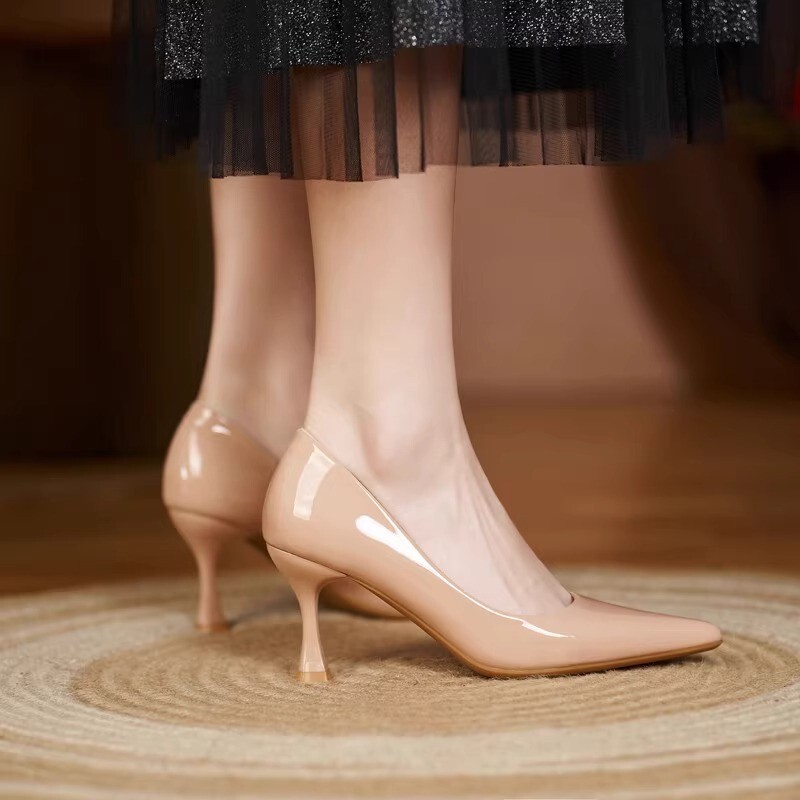 Nude High Heels for Women 2025 New Patent Leather Shallow Mouth Pointed Toe Shoes Professional Work Shoes That Are Not Tired after Standing for a Long Time Nude High Heels for Women 2025 New Patent Leather Shallow Mouth Pointed Toe Shoes Professional Work Shoes That Are Not Tired after Standing for a Long Time