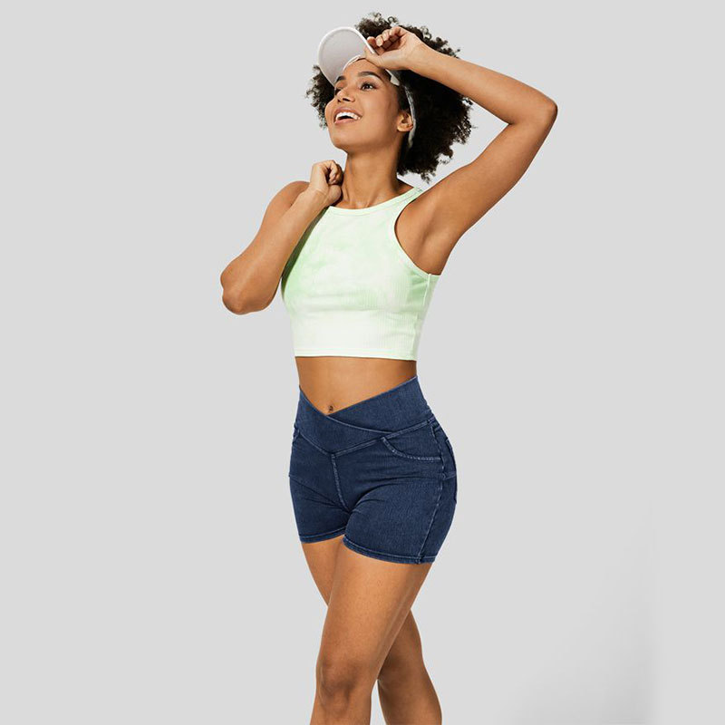 Cross-border jeans de cintura alta, pantalones cortos de yoga para mujeres, pantalones deportivos de doble bolsillo para el adelgazamiento.