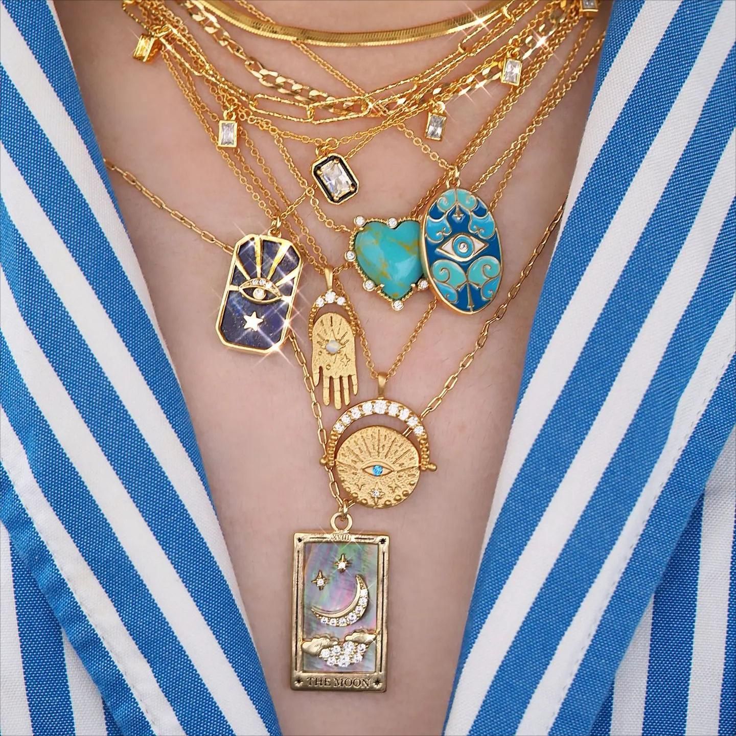 Retro Devilu0027S Eye Palm Oval Stainless Steel Enamel Rhinestones Pendant Necklace