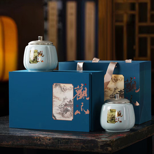 New tea canister packaging box, high-end ceramic airtight moisture-proof canister, Longjing green tea, ancient tree black tea, empty gift box with logo