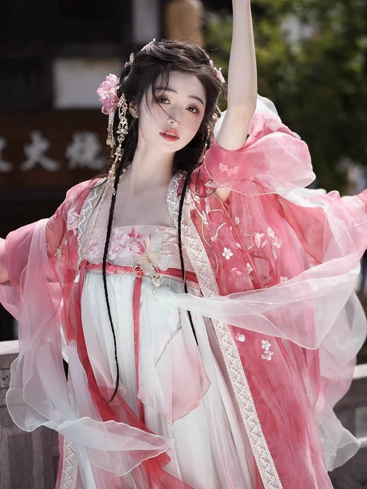 Новый оригинальный Hanfu Peach Blossom Twelve Flower God Tang Ци грудь и бабочка тяжелая вышивка весной и летом костюм