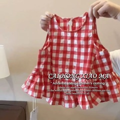 韓国子供服女の子トップス 2025 夏の新しい女の子チェック柄ベストフレンチスタイルノースリーブトップ