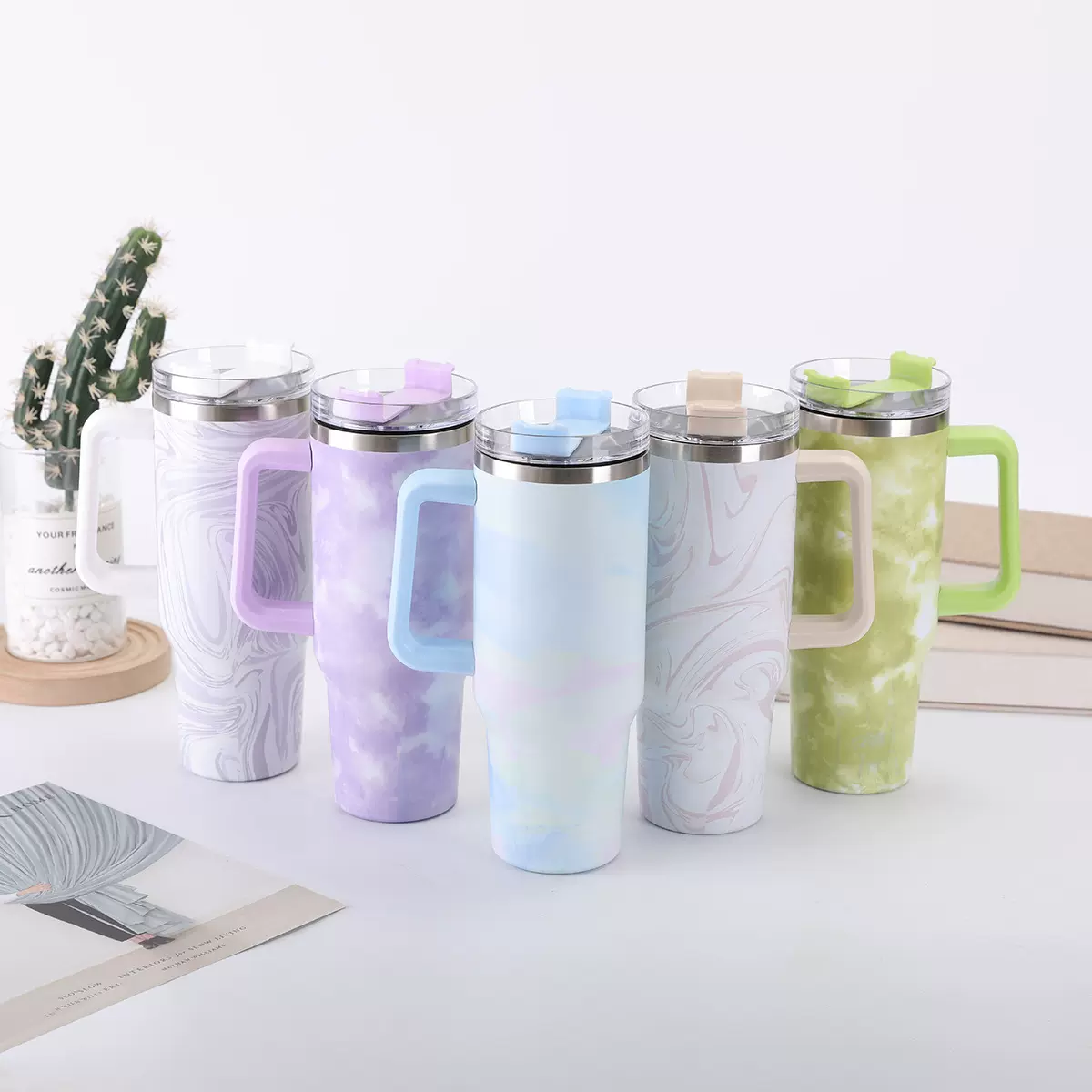 跨境扎染蓝二代汽车杯40oz手柄保温杯304不锈钢大容量吸管冰霸杯