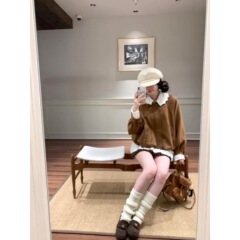 美拉德复古棕色花边领麂皮短外套女2025秋季新款宽松夹克花苞上衣