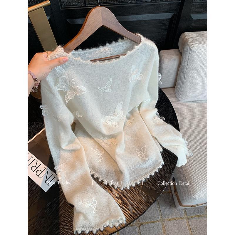 法式白色慵懒风立体蝴蝶刺绣毛衣女秋季新款气质温柔软糯针织上衣|undefined