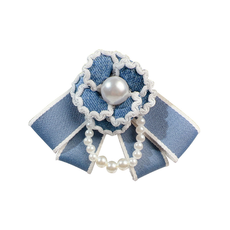French Style Camellia Brooch With Pearl And Blue Bow For Women_voghion.com