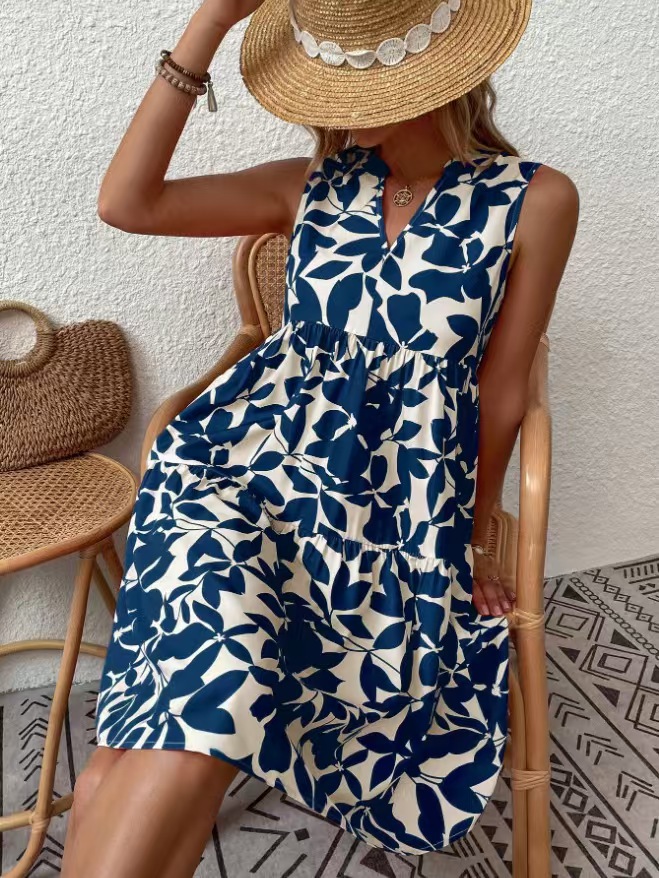 Women's Clothing Women's V Neck Sleeveless Dress Summer Fashion Printed Dress For Formal & Casual For Women_ecoleips.com