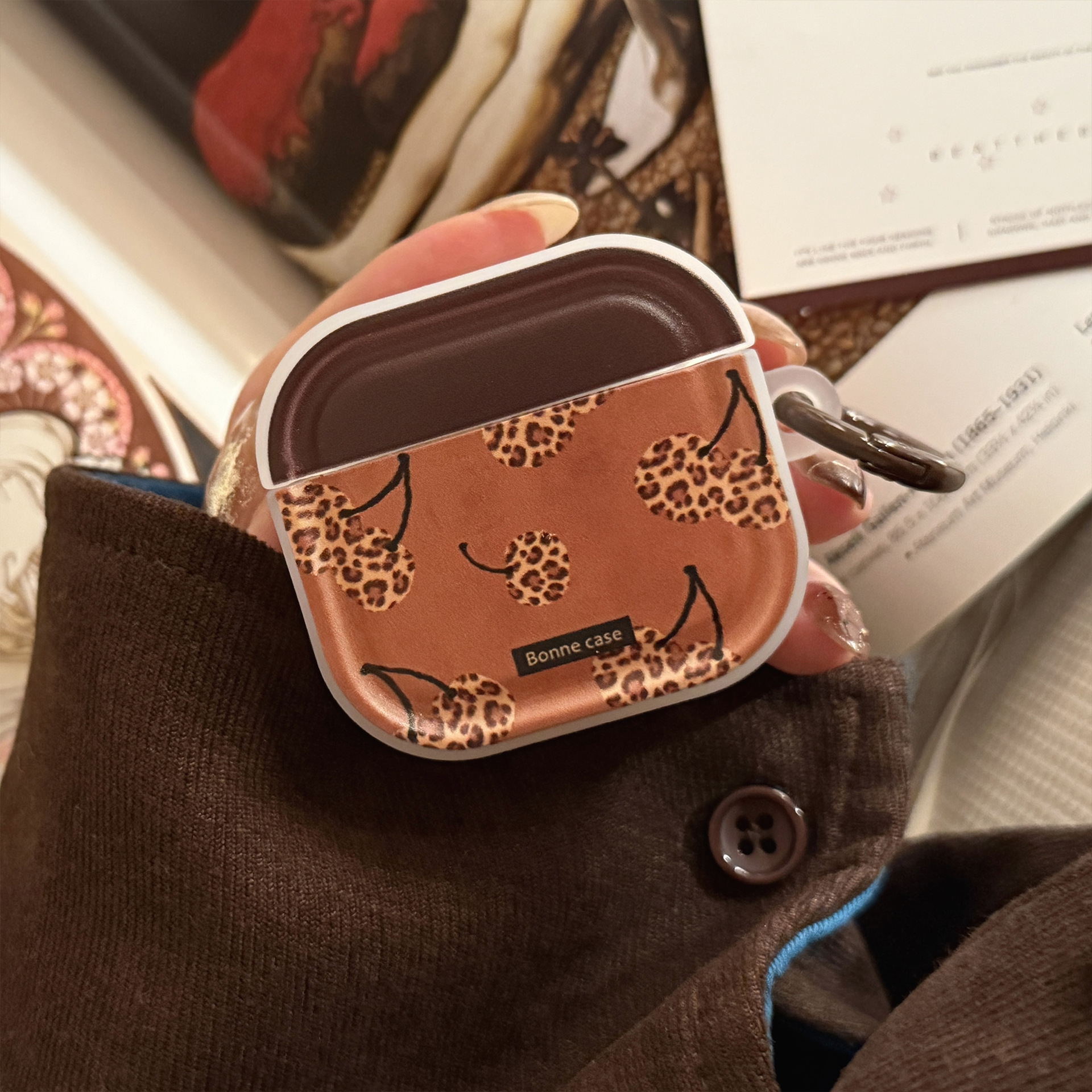 Brown Leopard Cherry AirPods auriculares cubierta pro3 cubierta 4 generación Bluetooth inalámbrico 1 retro 2 anillo colgante