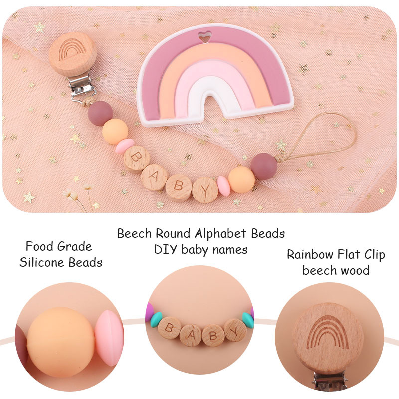 Nuevo bebé suministros de dibujos animados haya Arco Iris clip DIY nombre calmante bebé chupete cadena anti-gota cadena