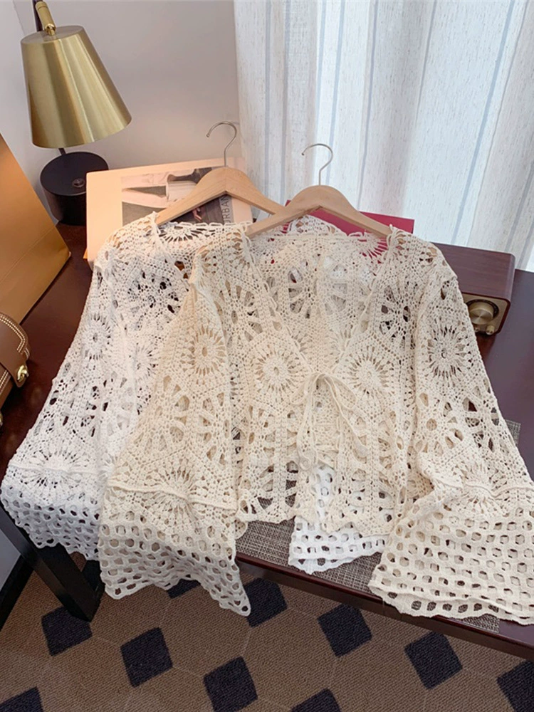 Summer thin knitted sweater, beach long-sleeve, jacket, with embroidery