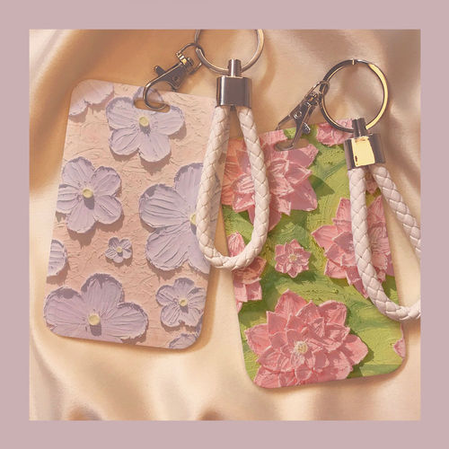 Oil painting flower rice card holder campus student card bus subway access card work ID protective cover with lanyard