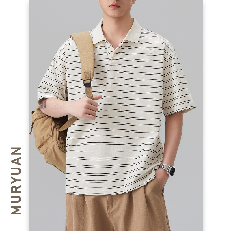 Muyuan Men's Clothing American-Style Pure Cotton Striped Polo Shirt Men's 2026 Summer New Fashion Brand Short-Sleeved Top Muyuan Men's Clothing American-Style Pure Cotton Striped Polo Shirt Men's 2026 Summer New Fashion Brand Short-Sleeved Top