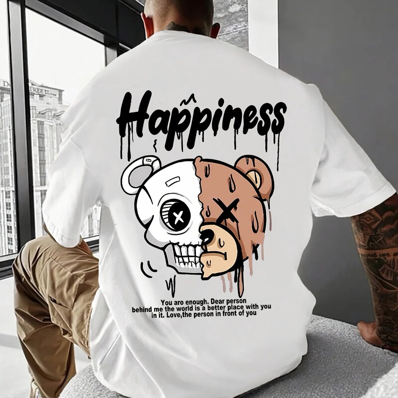 Men's Summer Pure Cotton Fashion Casual Sports Loose Cartoon Bear Pattern Printed Round Neck Short-Sleeved T-Shirt Top